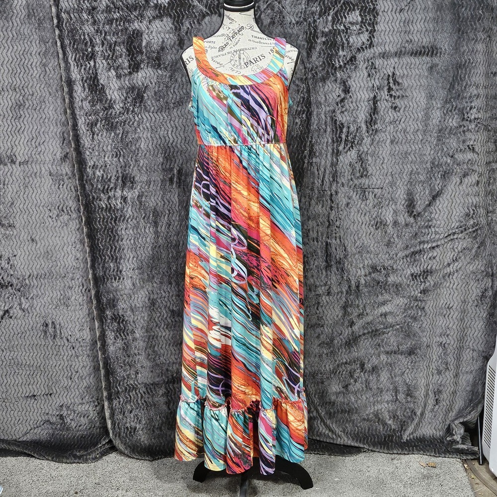 Vtg Fashion Bug Maxi Dress Womens XL Multicolor Stretch Watercolor Avant Garde